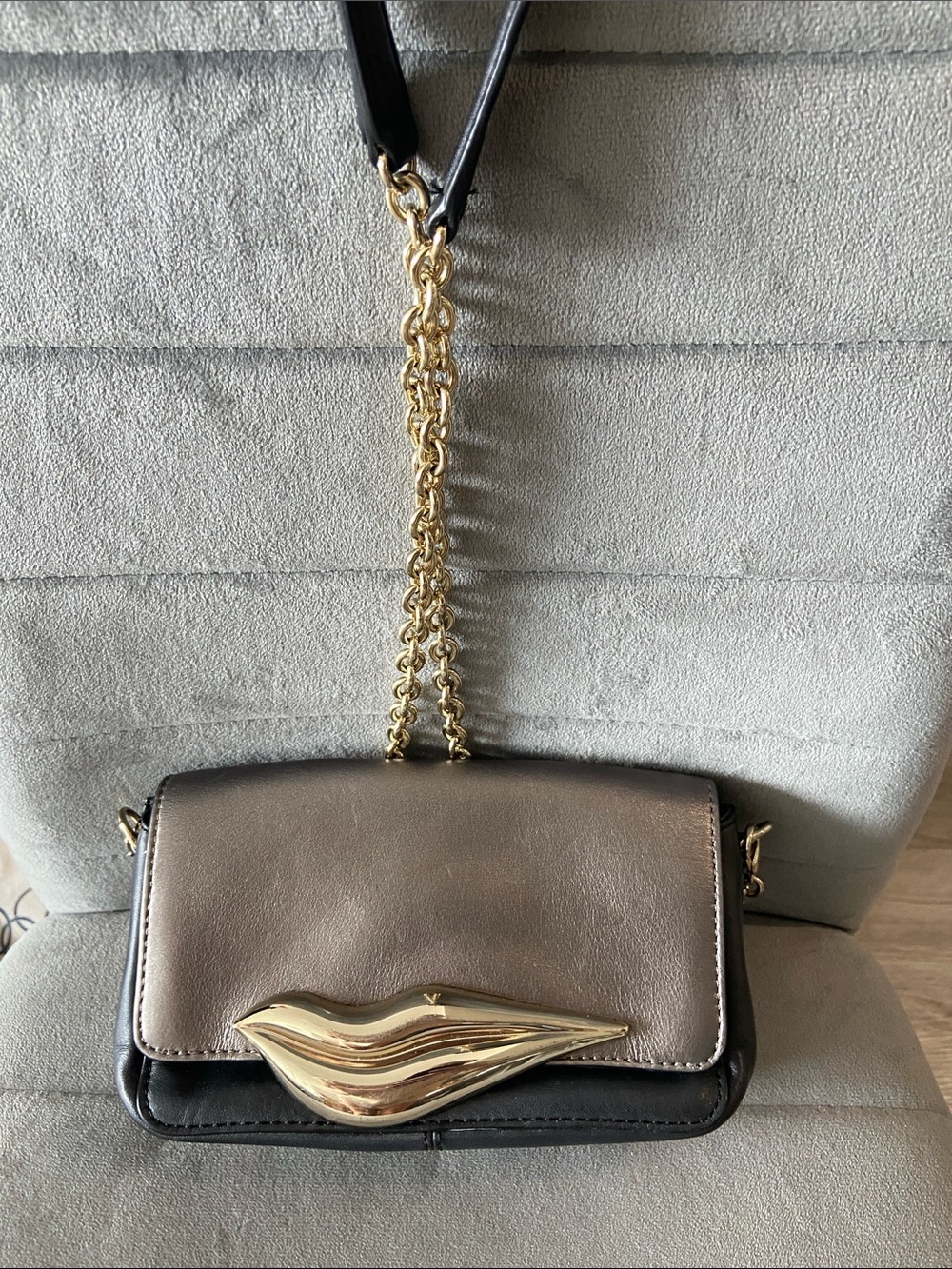 Diane Von Furstenberg Metallic Taupe and Black Crossbody with Gold Lip Accent